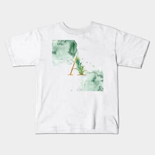 Letter A Gold Monogram with Leaves Green Watercolor Slats Graphic Design Kids T-Shirt